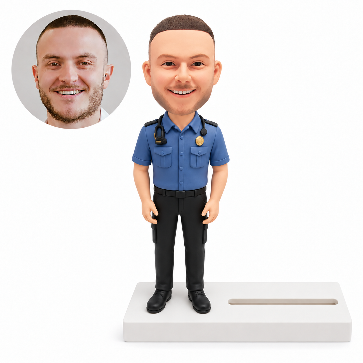 custom bobblehead figure policeman on a business card holder base