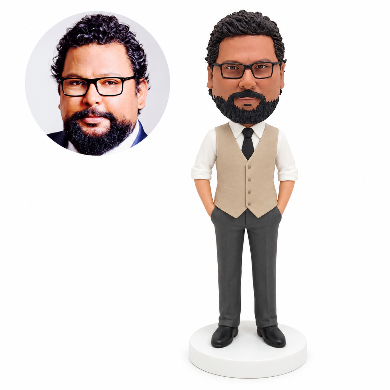 custom bobblehead figure man in a waistcoat and rolled sleeves with hands in pockets