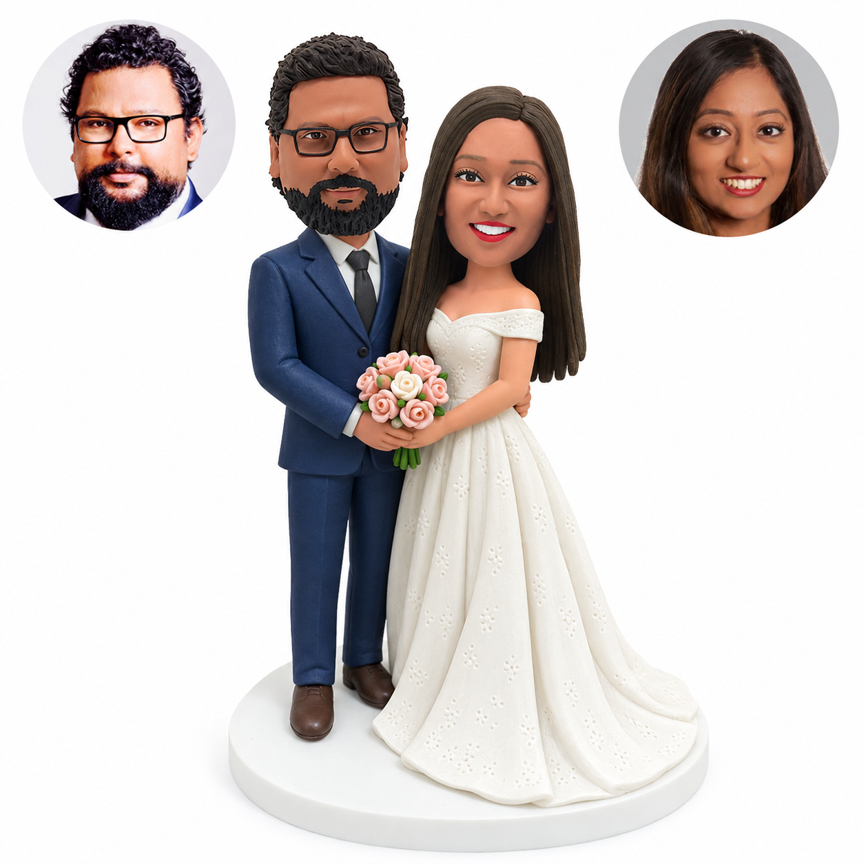 custom bobblehead figures wedding couple turned together holding a shared bouquet