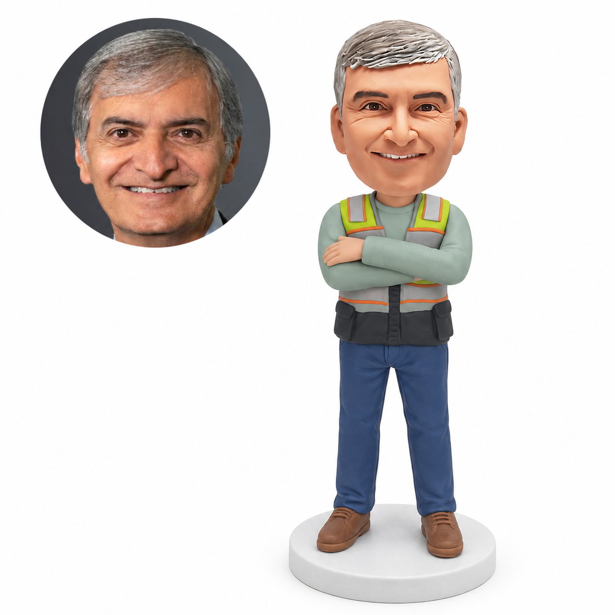 custom bobblehead figure construction worker in a reflective utility vest with arms crossed