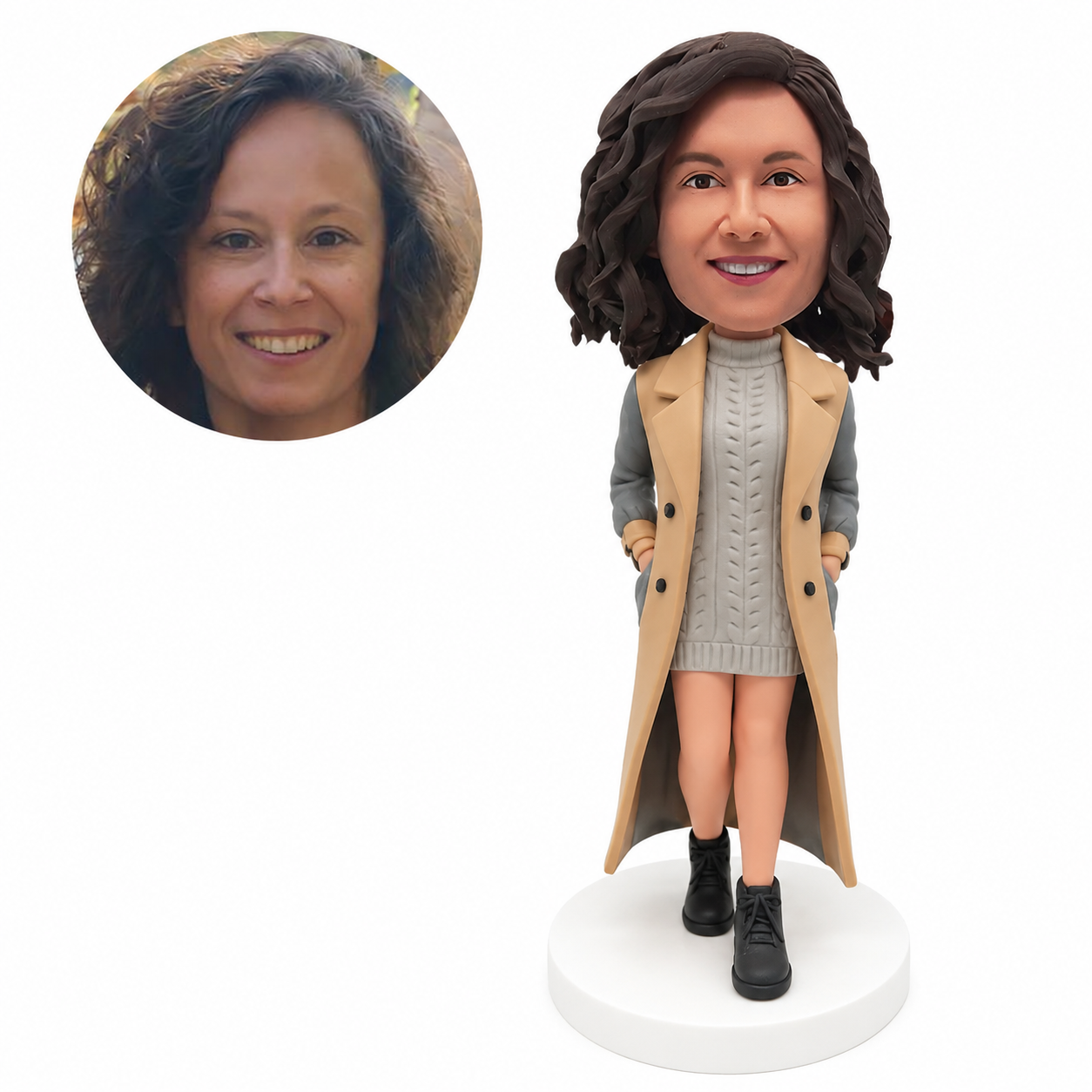 custom bobblehead figure woman in a long trench coat over a knit dress