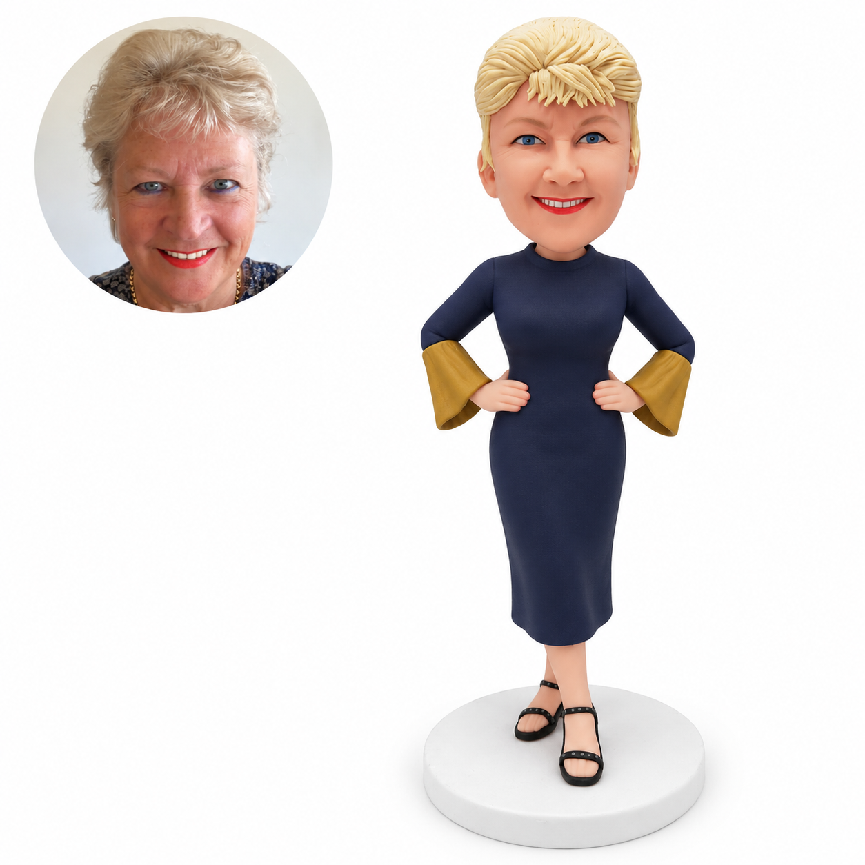 custom bobblehead figure woman in a bell sleeve midi dress with hands on her hips