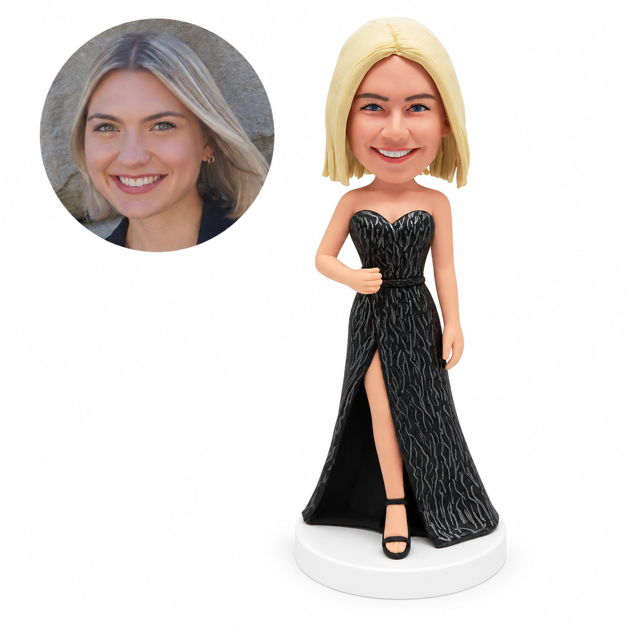 custom bobblehead figure woman in a strapless slit evening gown