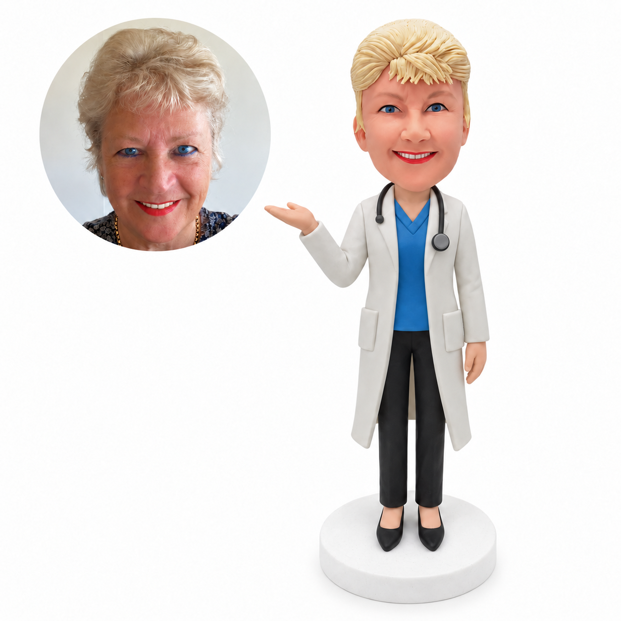 custom bobblehead figure female doctor in a long lab coat with one open palm raised