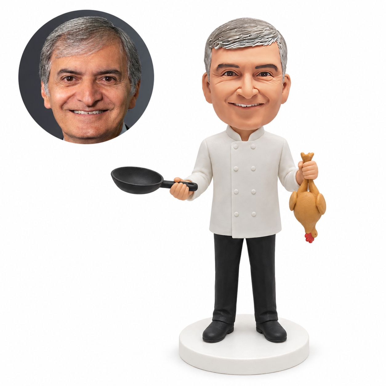 custom bobblehead figure chef holding a frying pan and a whole chicken
