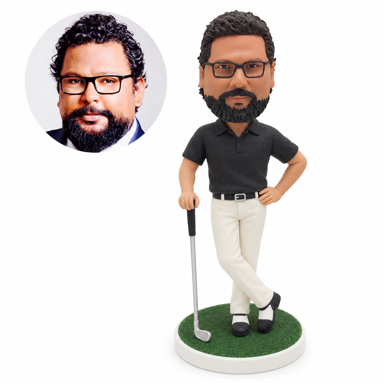 custom bobblehead figure male golfer in a polo and trousers holding a club with crossed ankles