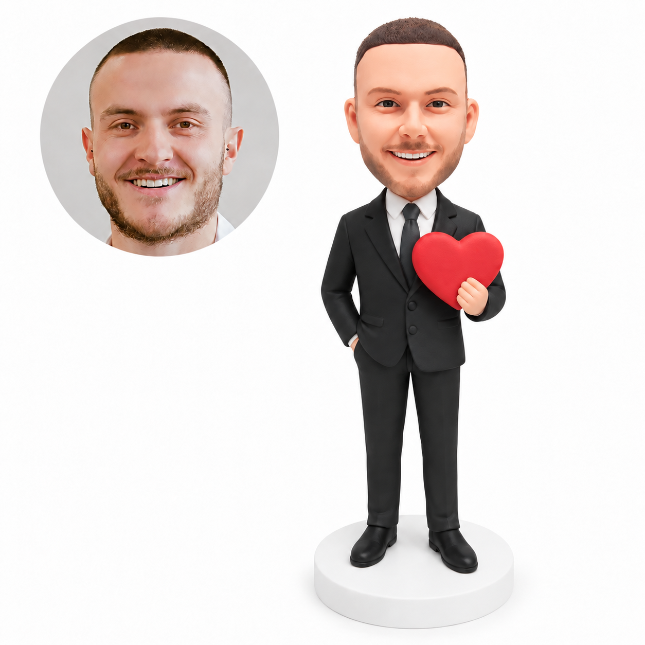 custom bobblehead figure man in a suit holding a heart with one hand