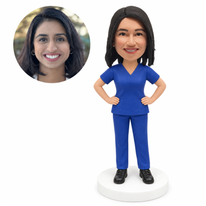 custom bobblehead figure female nurse in scrubs with both hands on her hips