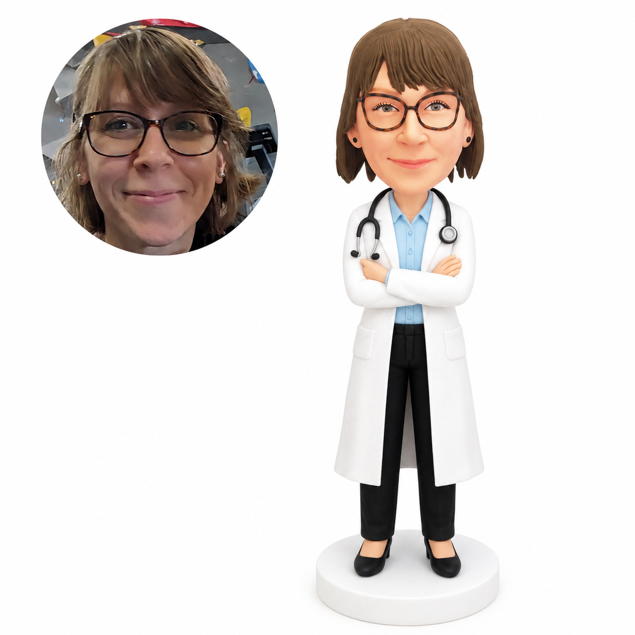 custom bobblehead figure female doctor in a long lab coat and trousers with her arms crossed