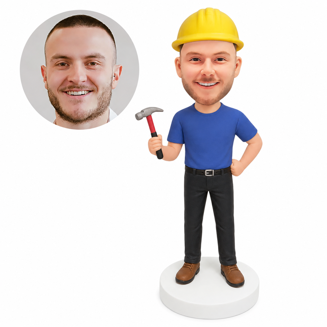 custom bobblehead figure worker in a T-shirt holding a hammer with a hand on his hip