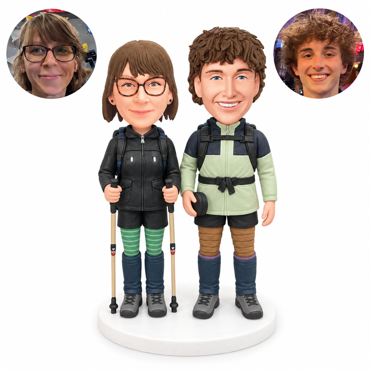 custom bobblehead figures mountain climbing couple in gaiters with backpacks and poles