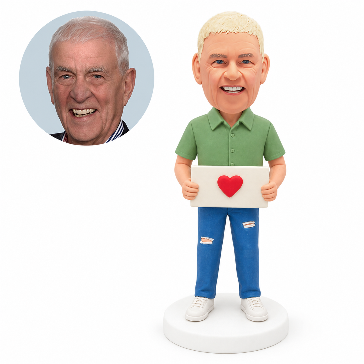 custom bobblehead figure man in a short sleeve shirt holding a heart sign