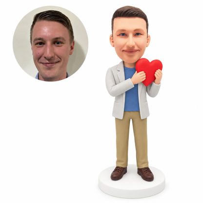 custom bobblehead figure man in an open jacket holding a heart near his shoulder