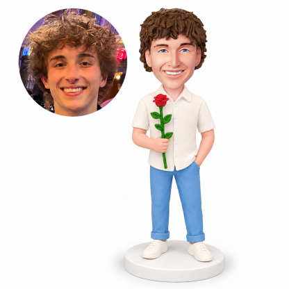 custom bobblehead figure man in a short sleeve shirt holding a single rose