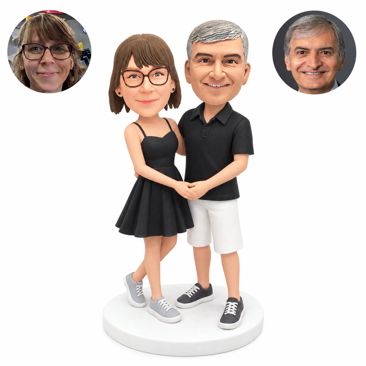 custom bobblehead figures casual couple in a skater dress and shorts holding hands