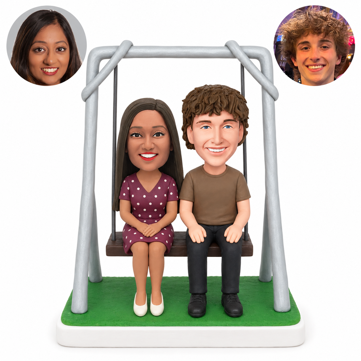 custom bobblehead figures couple sitting together on a framed swing