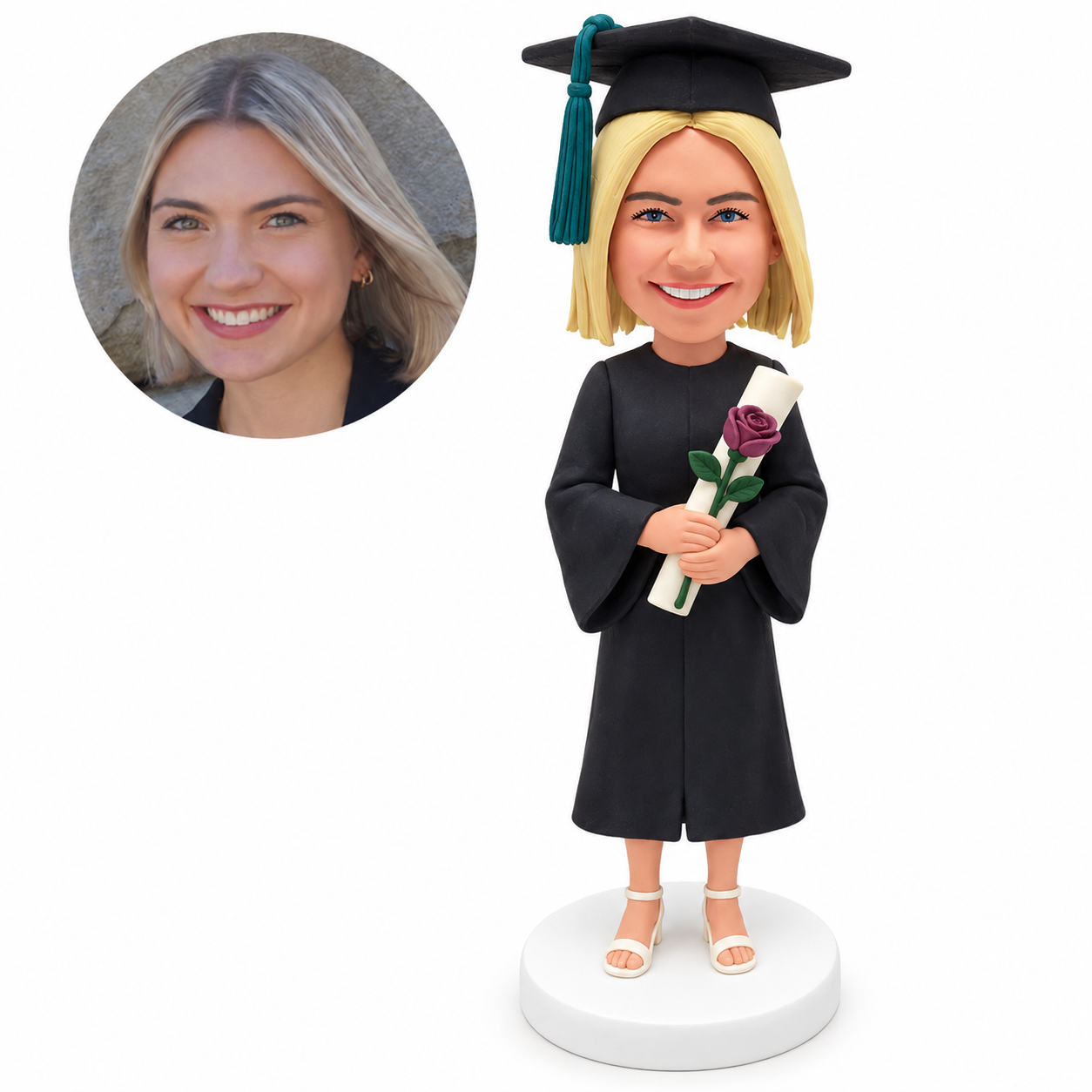custom bobblehead figure female graduate holding a rolled diploma and a rose