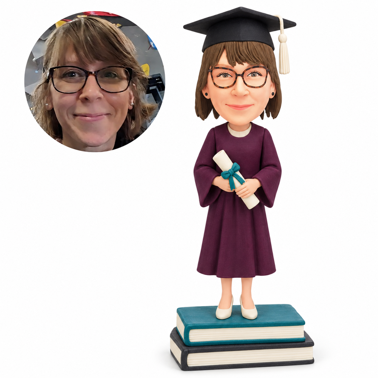 custom bobblehead figure female graduate holding a diploma while standing on stacked books