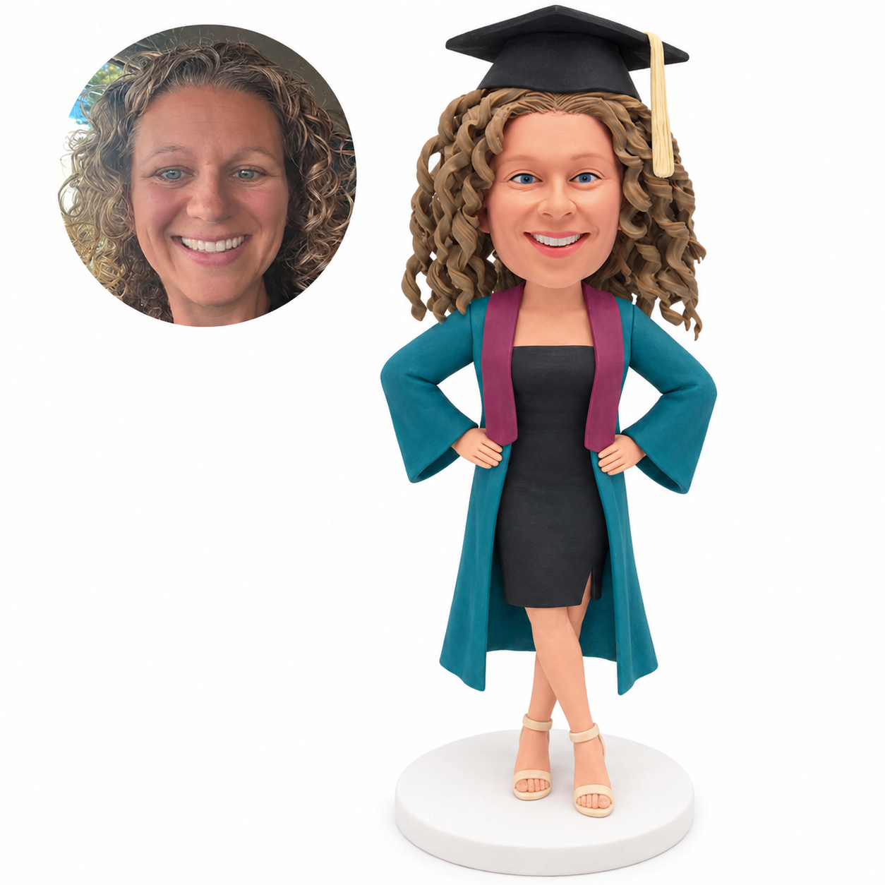 custom bobblehead figure female graduate in an open gown and a strapless dress with both hands on her hips