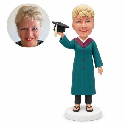 custom bobblehead figure female graduate raising her graduation cap with one hand in a long gown and flip-flops