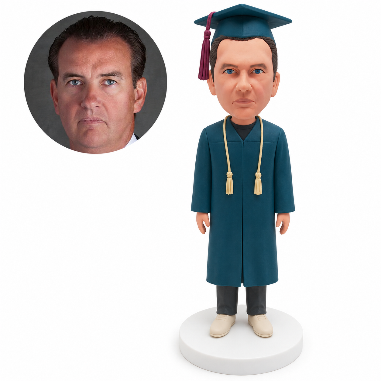 custom bobblehead figure male graduate in a closed gown with honor cords and both arms at his sides