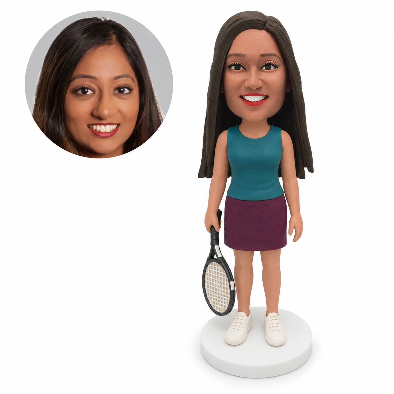 custom bobblehead figure female tennis player holding a racket at her side