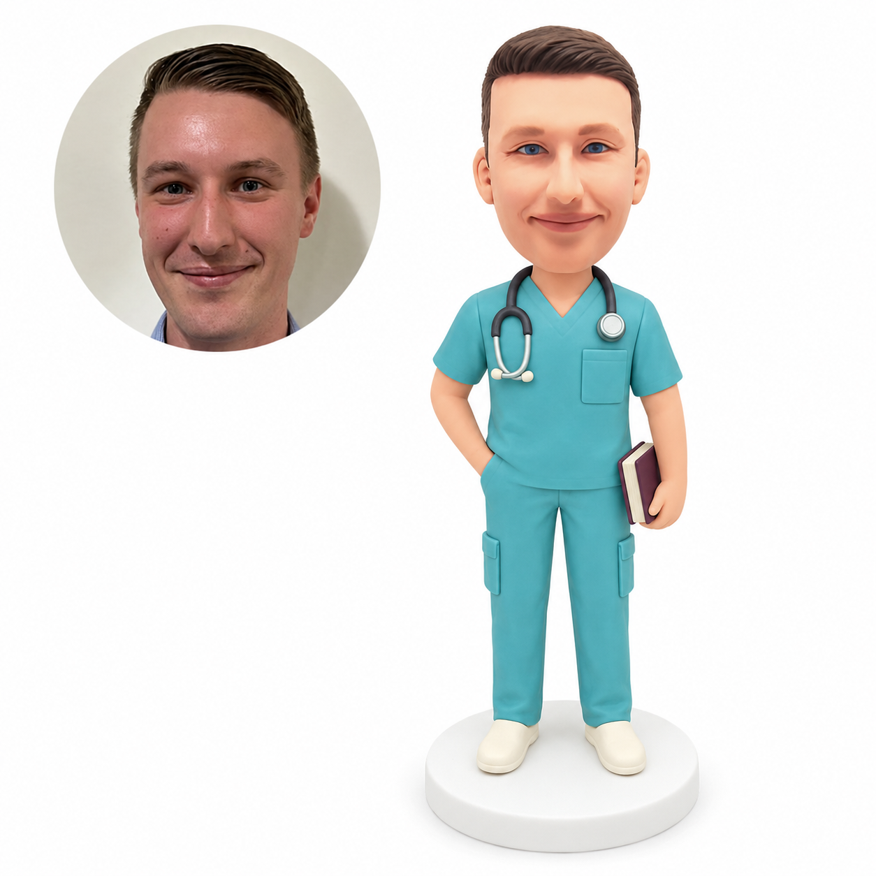 custom bobblehead figure male nurse in scrubs holding a book with one hand in his pocket