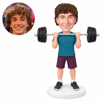 custom bobblehead figure male weightlifter standing with a barbell held at his upper chest