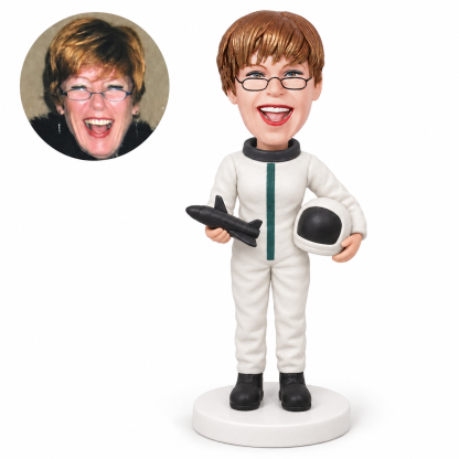 custom bobblehead figure female astronaut holding a spacecraft model and a helmet