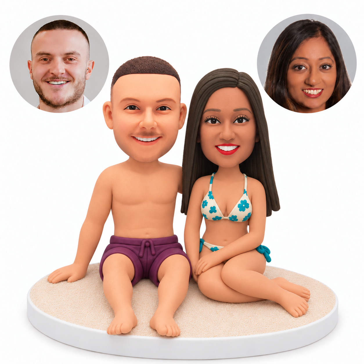 custom bobblehead figures swimwear couple sitting together on the beach
