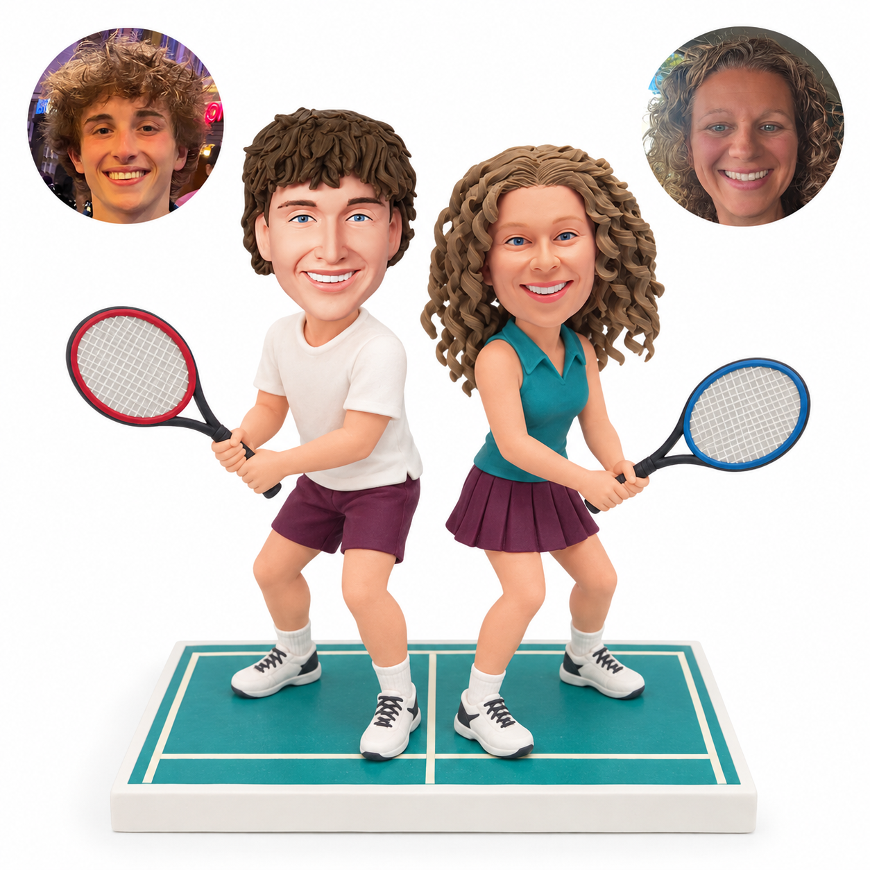 custom bobblehead figures tennis couple in ready poses each holding a racket