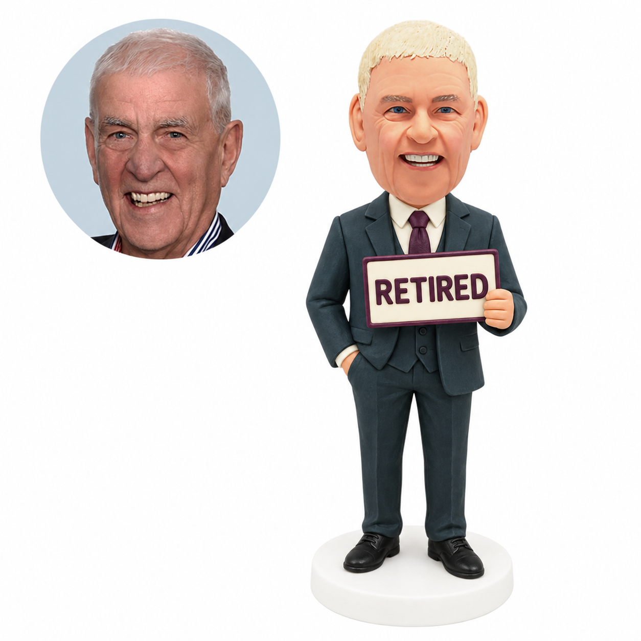 custom bobblehead figure retired businessman holding a placard with one hand in a pocket