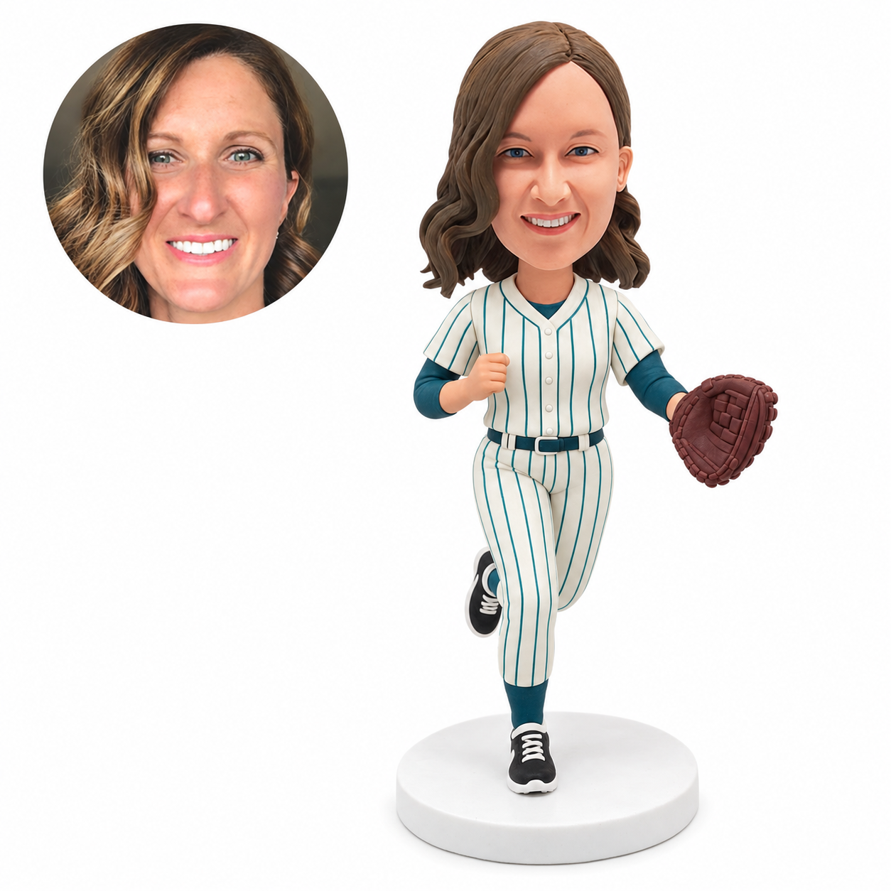 custom bobblehead figure female baseball player running with an outstretched glove