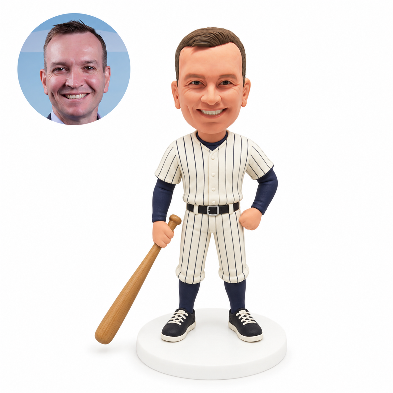 custom bobblehead figure baseball player holding a bat low with one hand on his hip