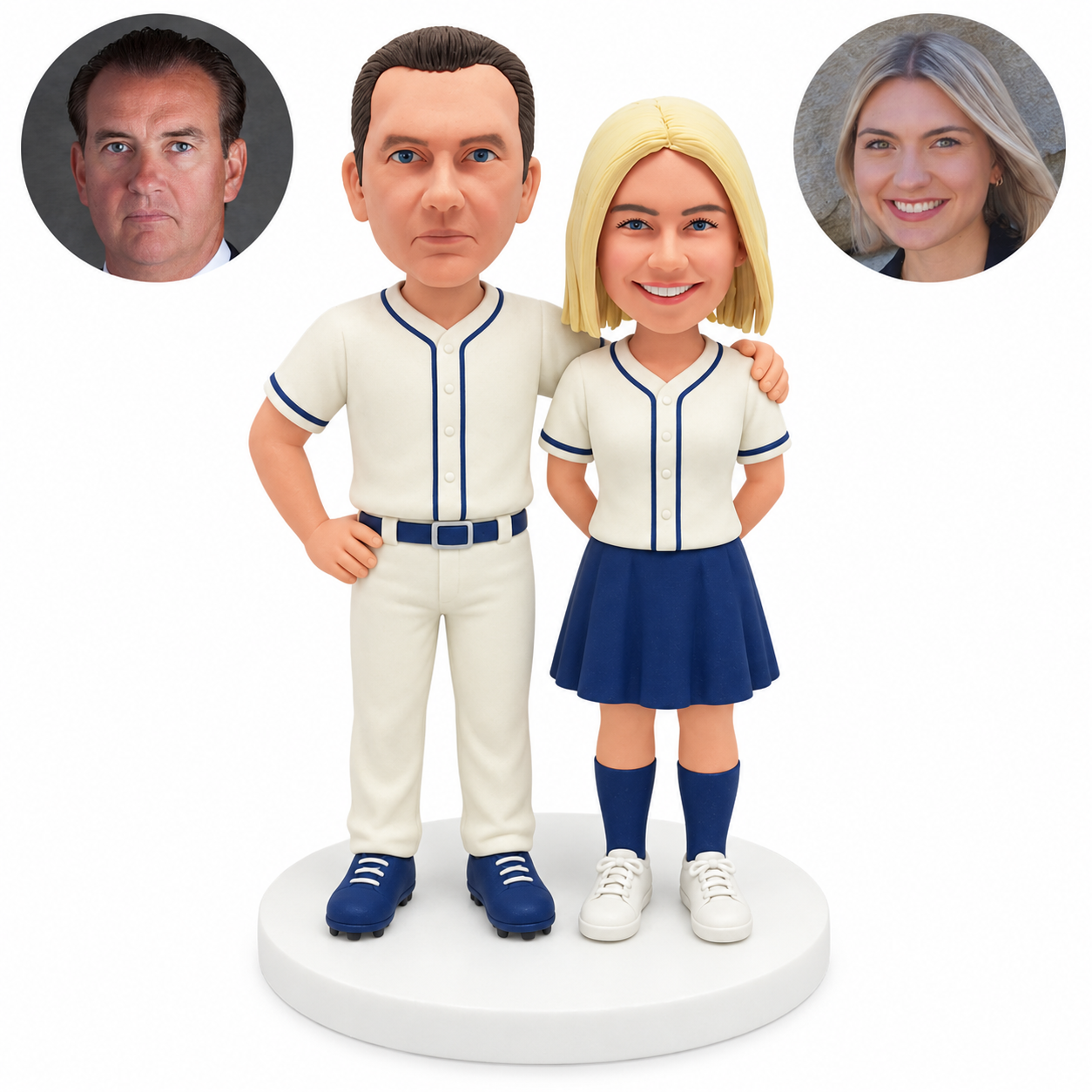 custom bobblehead figures baseball couple with man arm around shoulder and woman hands behind back; original Bobblefigurine sculpted clay head and matching human portrait.