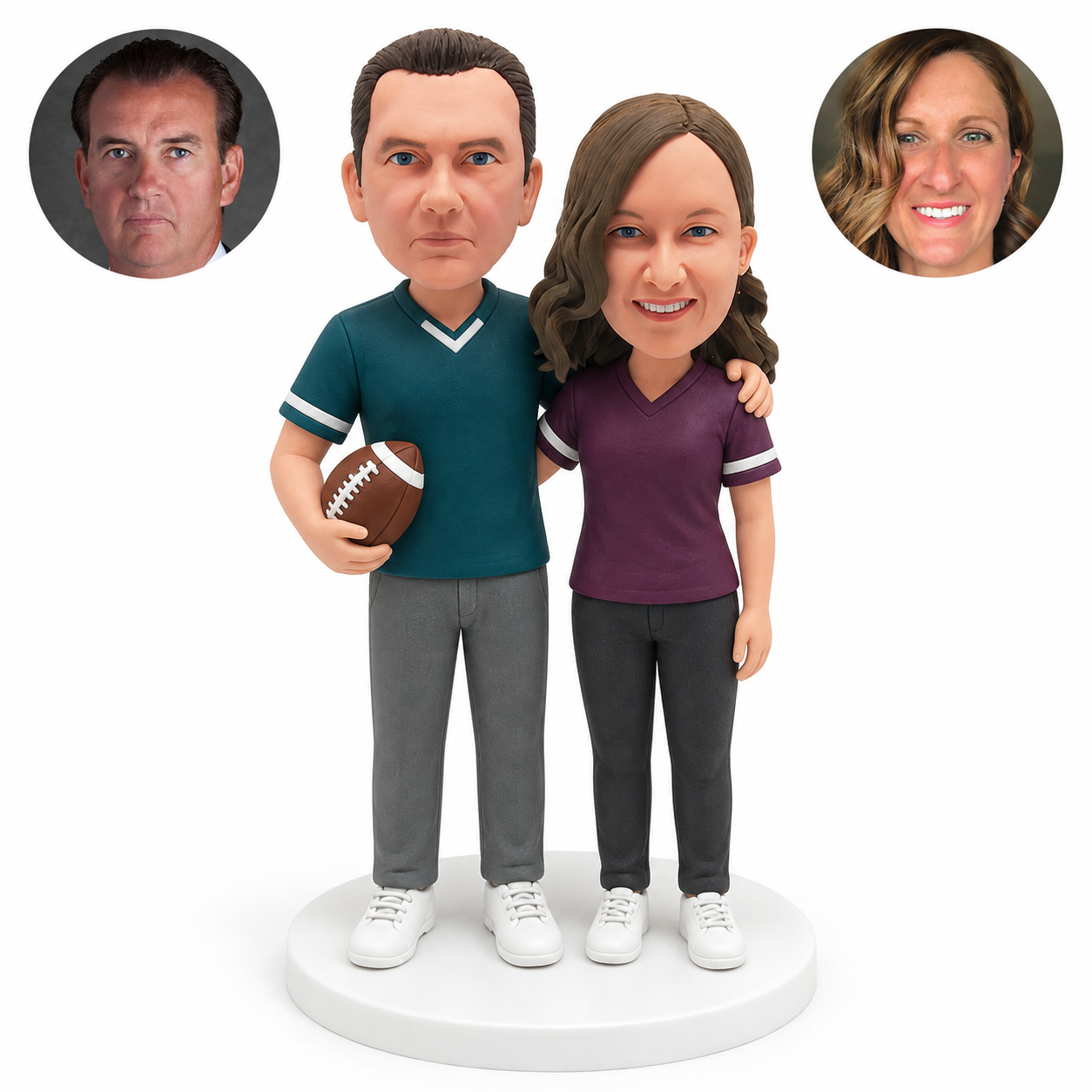 custom bobblehead figures football couple with man holding one ball and arm around shoulder; original Bobblefigurine polymer clay heads with matching circular human portraits.