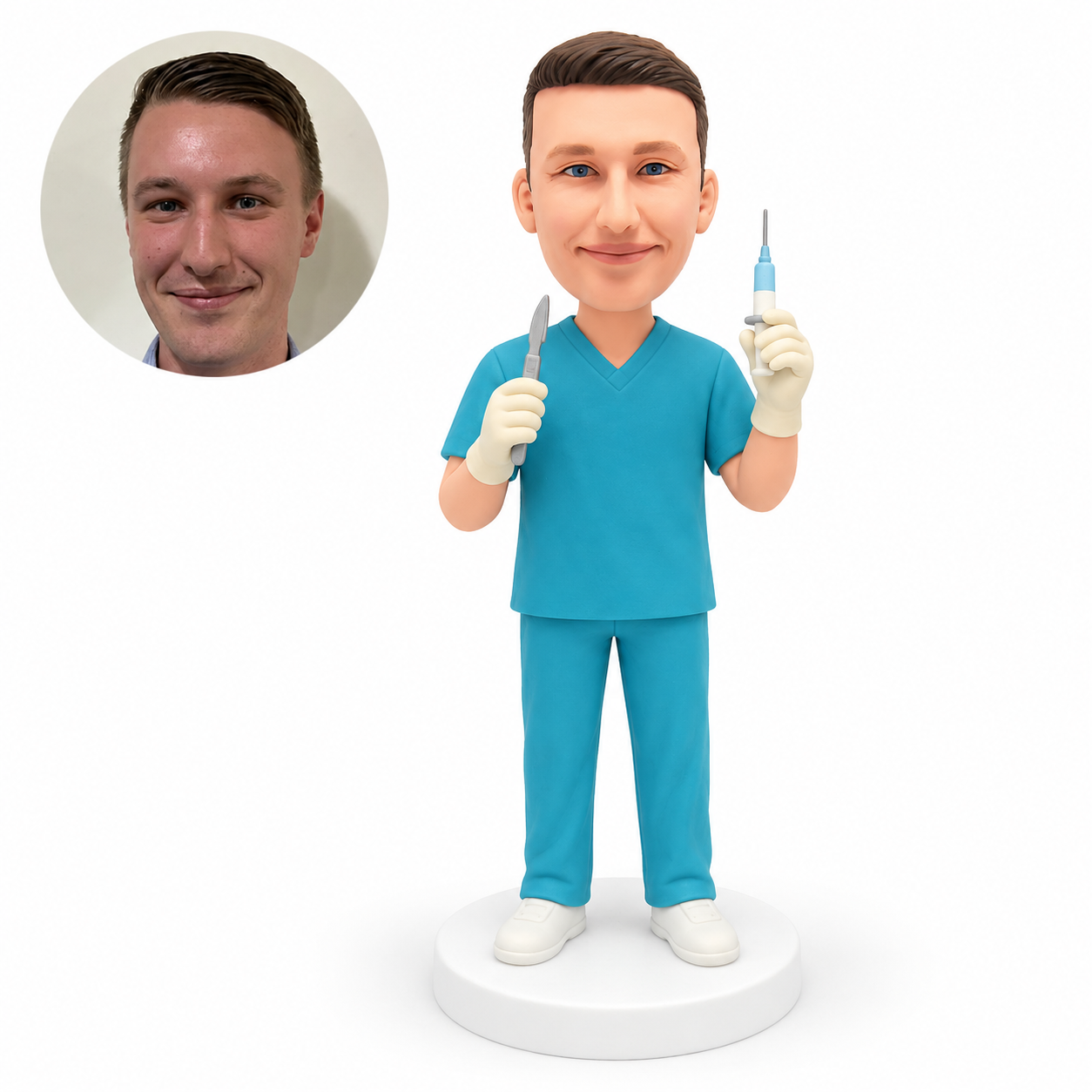 custom bobblehead figure male medical professional holding scalpel and syringe; original Bobblefigurine polymer clay head and corresponding circular real portrait.
