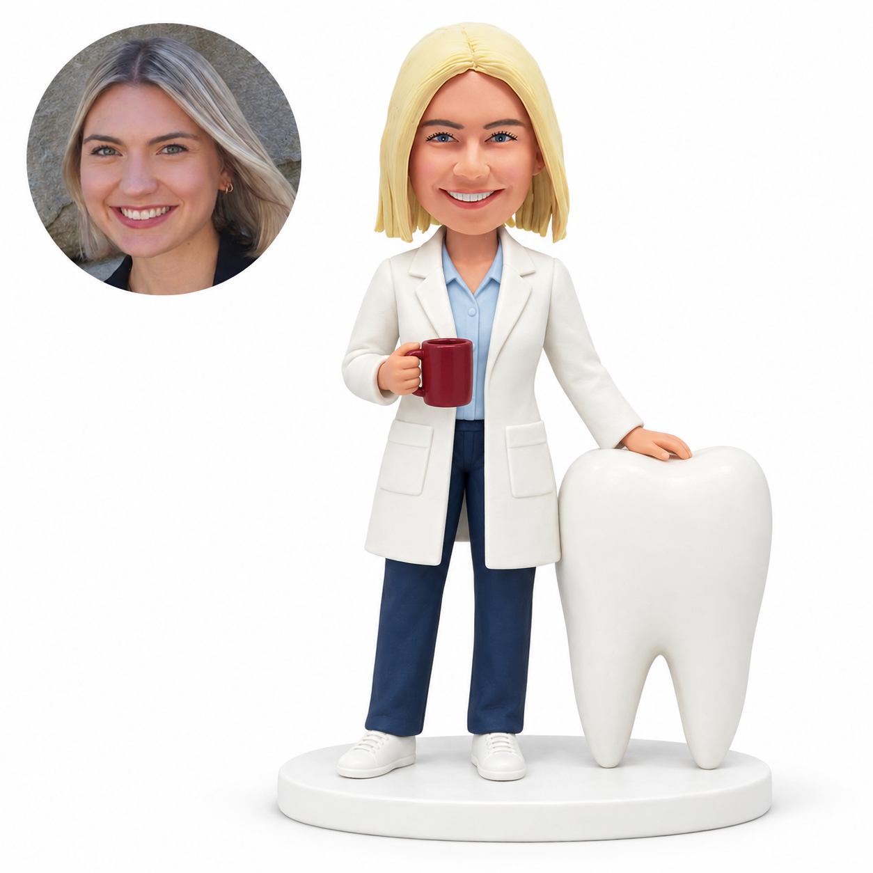 custom bobblehead figure female dentist holding coffee beside a giant tooth