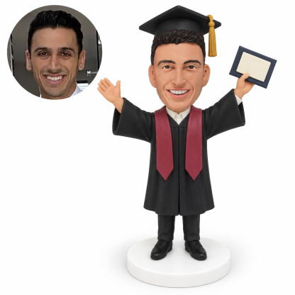 custom bobblehead figure male graduate raising both arms with a diploma