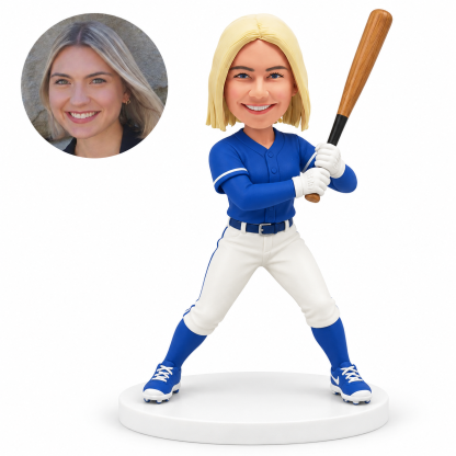 custom bobblehead figure female baseball batter holding an upright bat with both hands