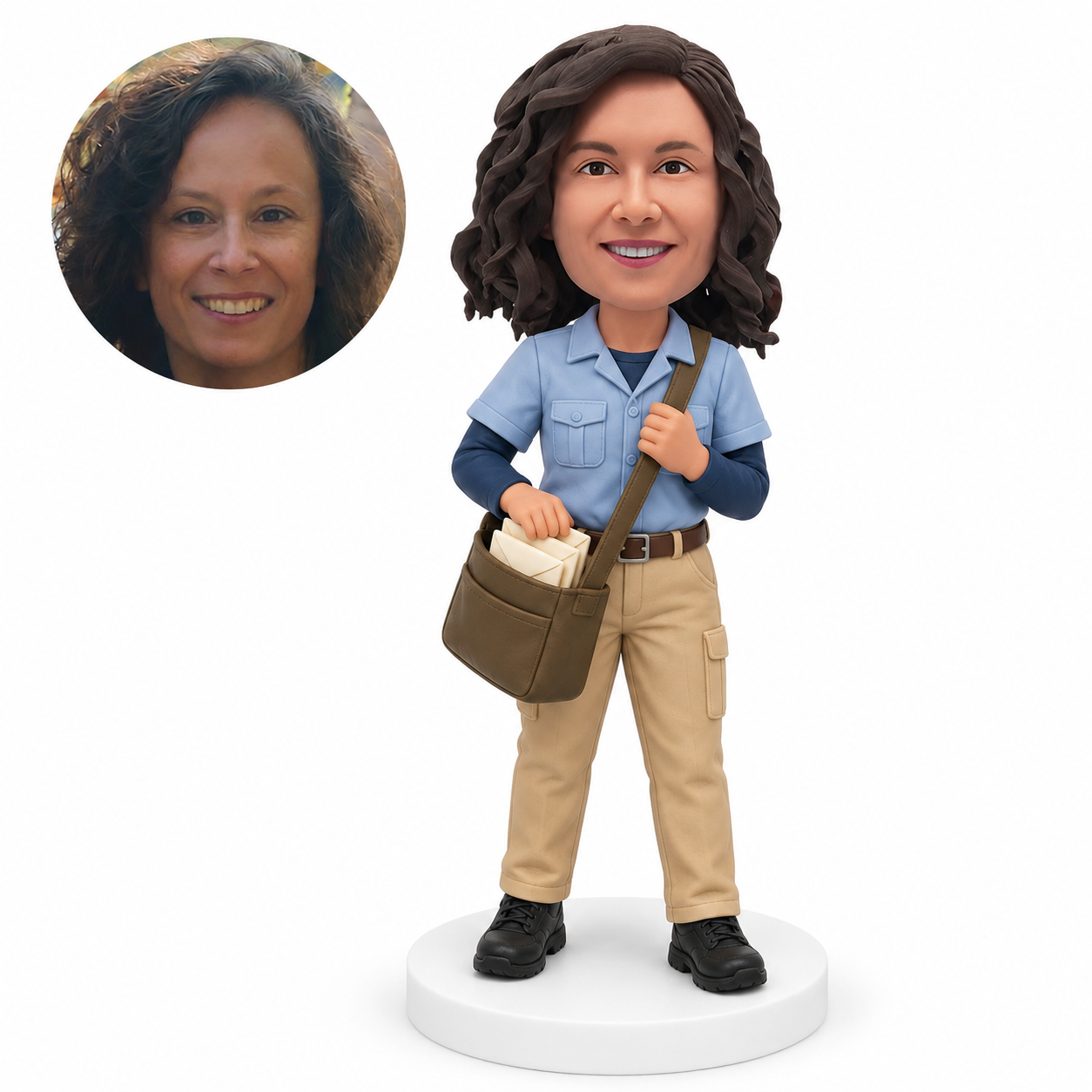 custom bobblehead figure female mail carrier reaching into an open satchel of envelopes