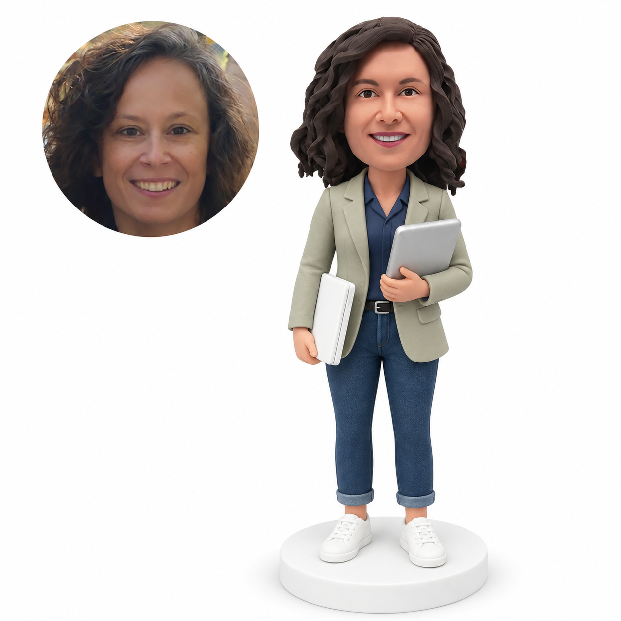 custom bobblehead figure female software engineer carrying a tablet and a closed laptop