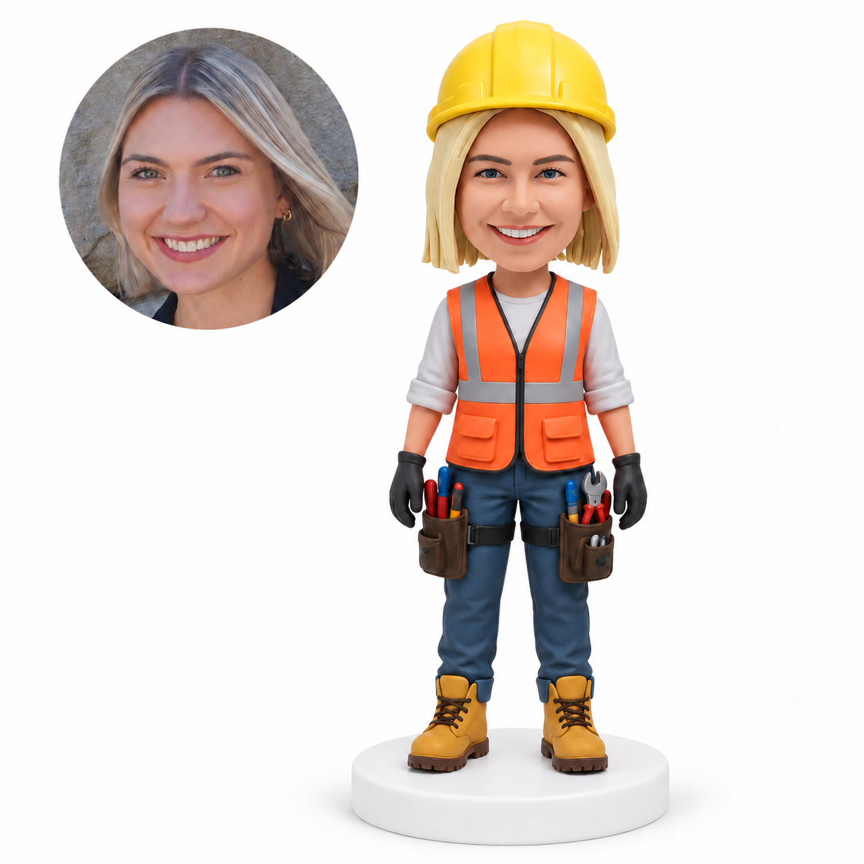 custom bobblehead figure female engineer in a hardhat with two thigh tool pouches