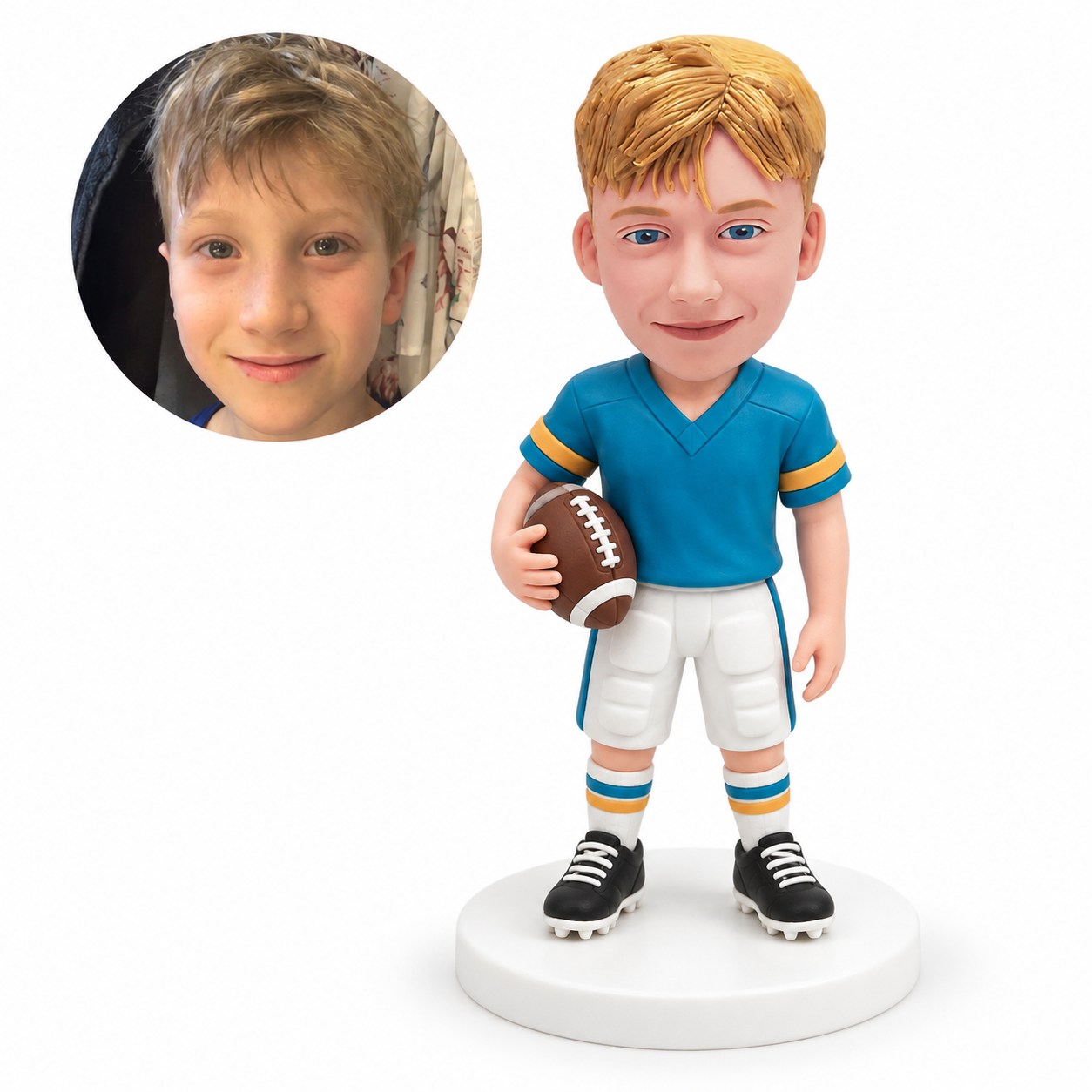 custom bobblehead figure boy football player holding a ball with his other arm lowered
