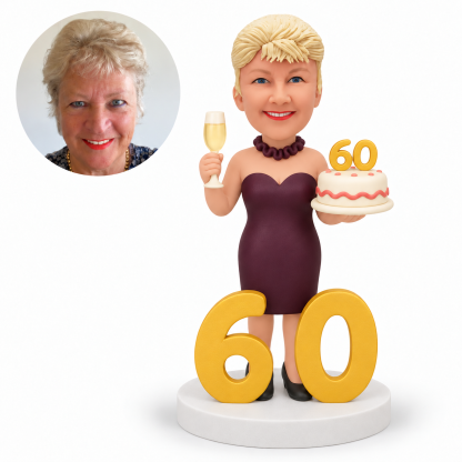 custom bobblehead figure woman celebrating her 60th birthday with a cake, champagne flute and large number display