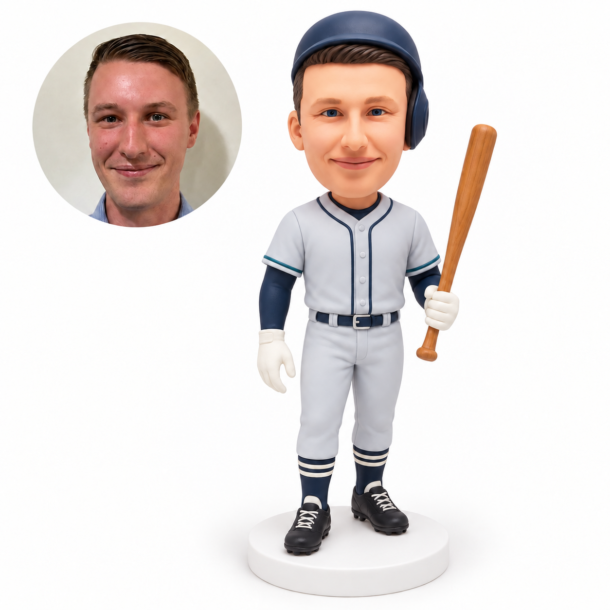 custom bobblehead figure baseball player holding an upright bat at his hip
