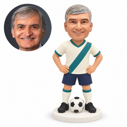 custom bobblehead figure male soccer player standing with both hands on his hips and a ball between his feet