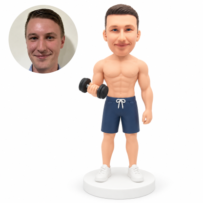 MGA-AC1299 custom bobblehead figure shirtless male athlete curling one dumbbell at his waist with his other arm down
