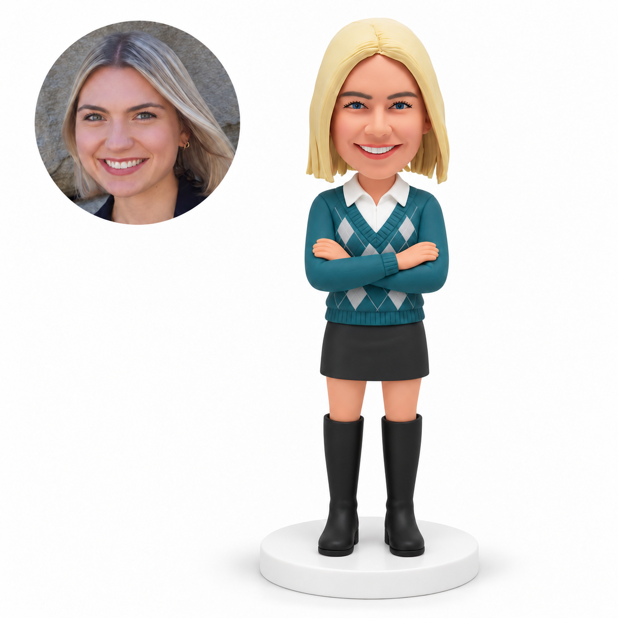 custom bobblehead figure woman in a V-neck sweater and mini skirt with tall boots and crossed arms
