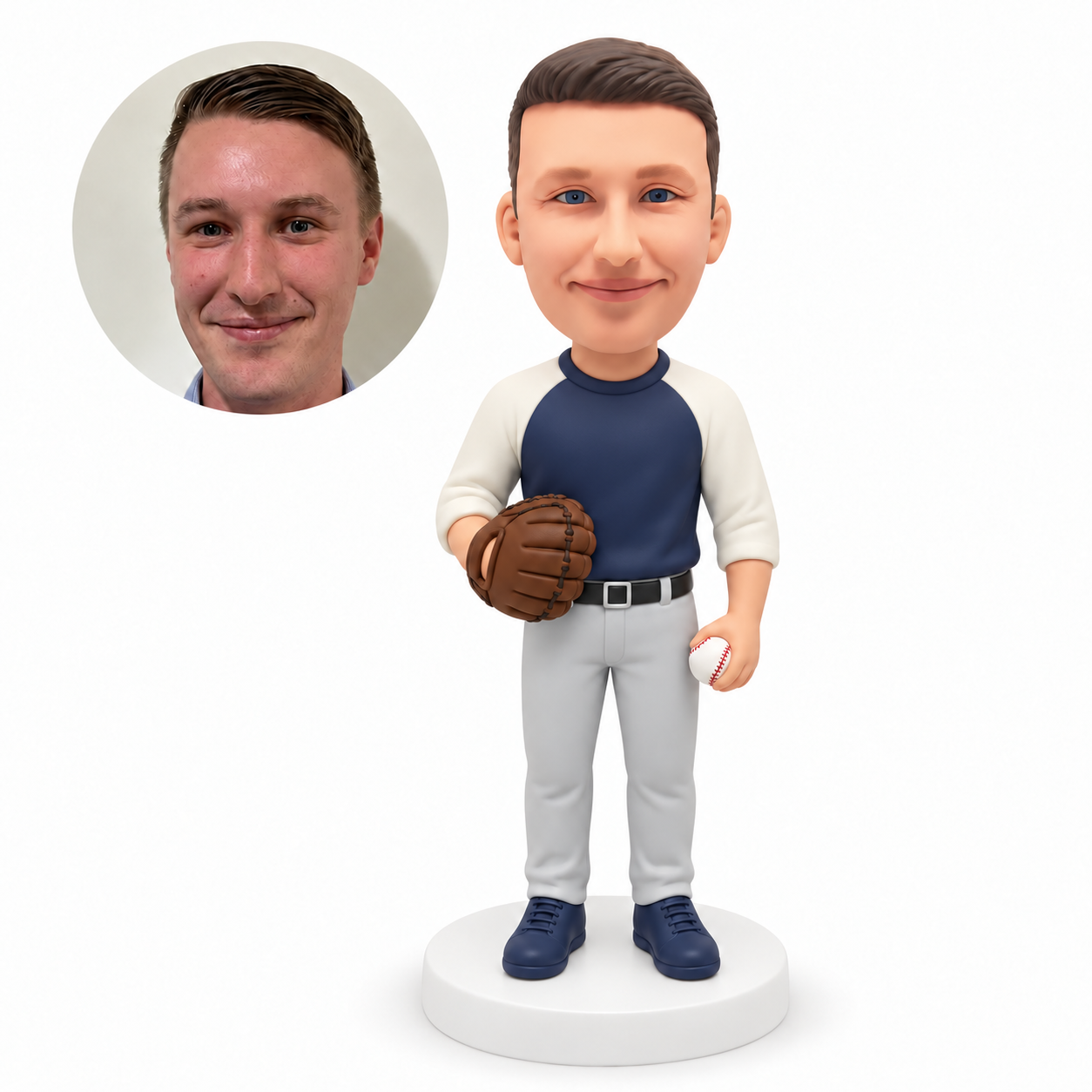 custom bobblehead figure baseball player standing with a glove at his waist and a ball by his other hip